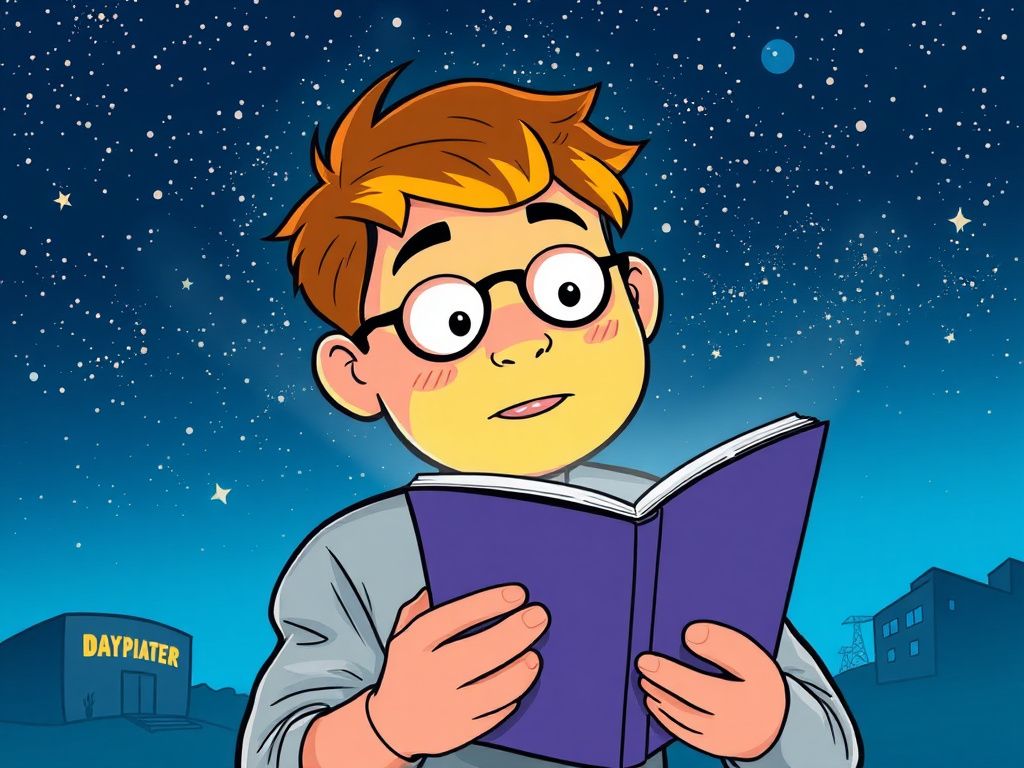Colorful editorial comic illustration with a reader under a night sky