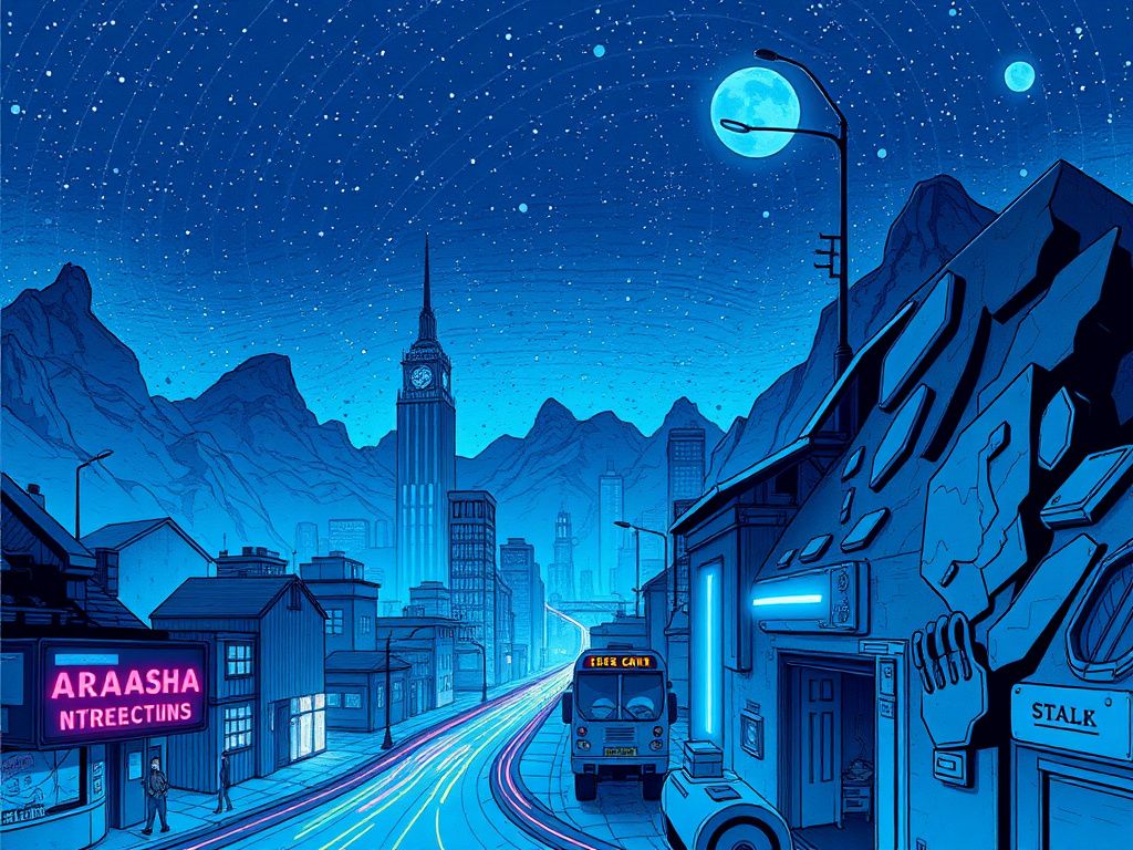 Blue science fiction comic cover with city lights