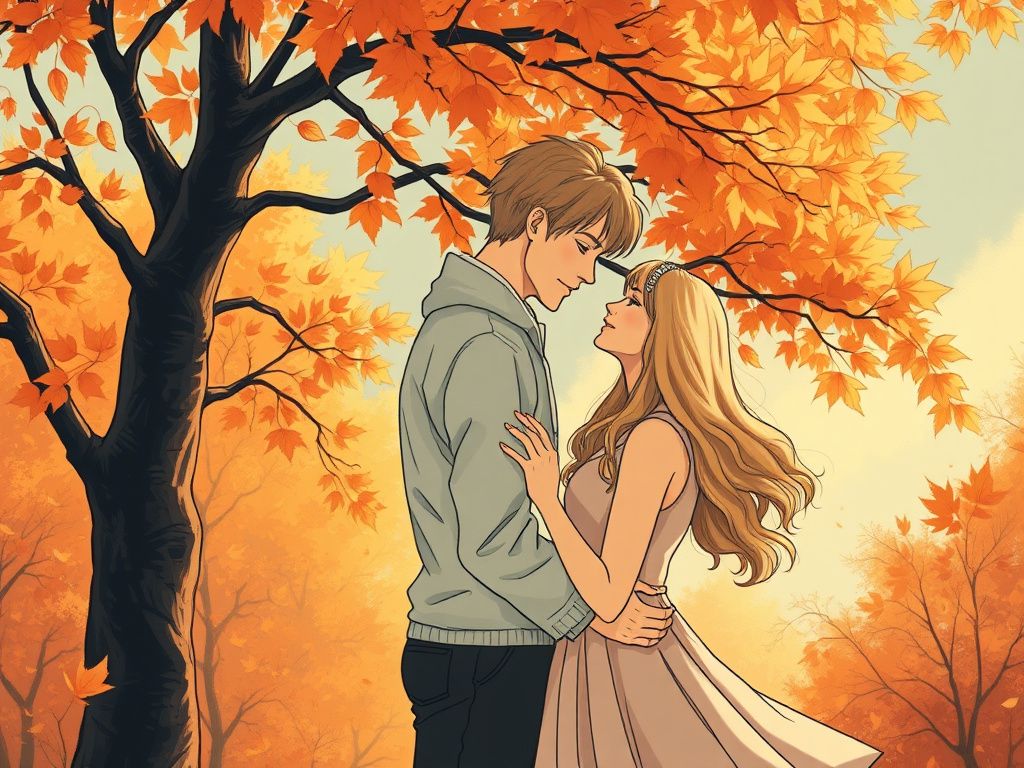 Romantic comic cover with two figures in autumn